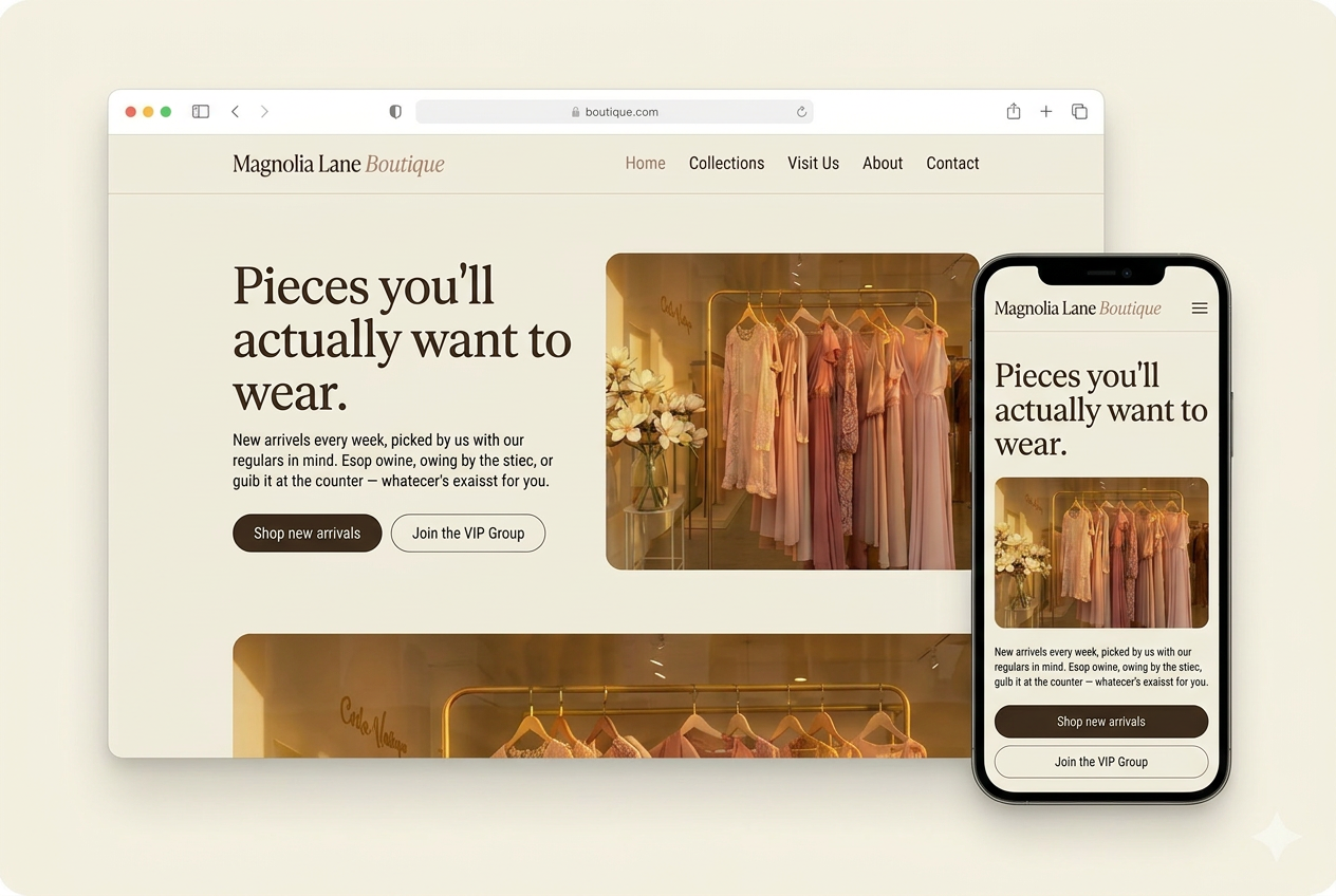 Boutique Website Demo mockup by Local Launch Design showing Magnolia Lane Boutique on desktop and mobile devices.