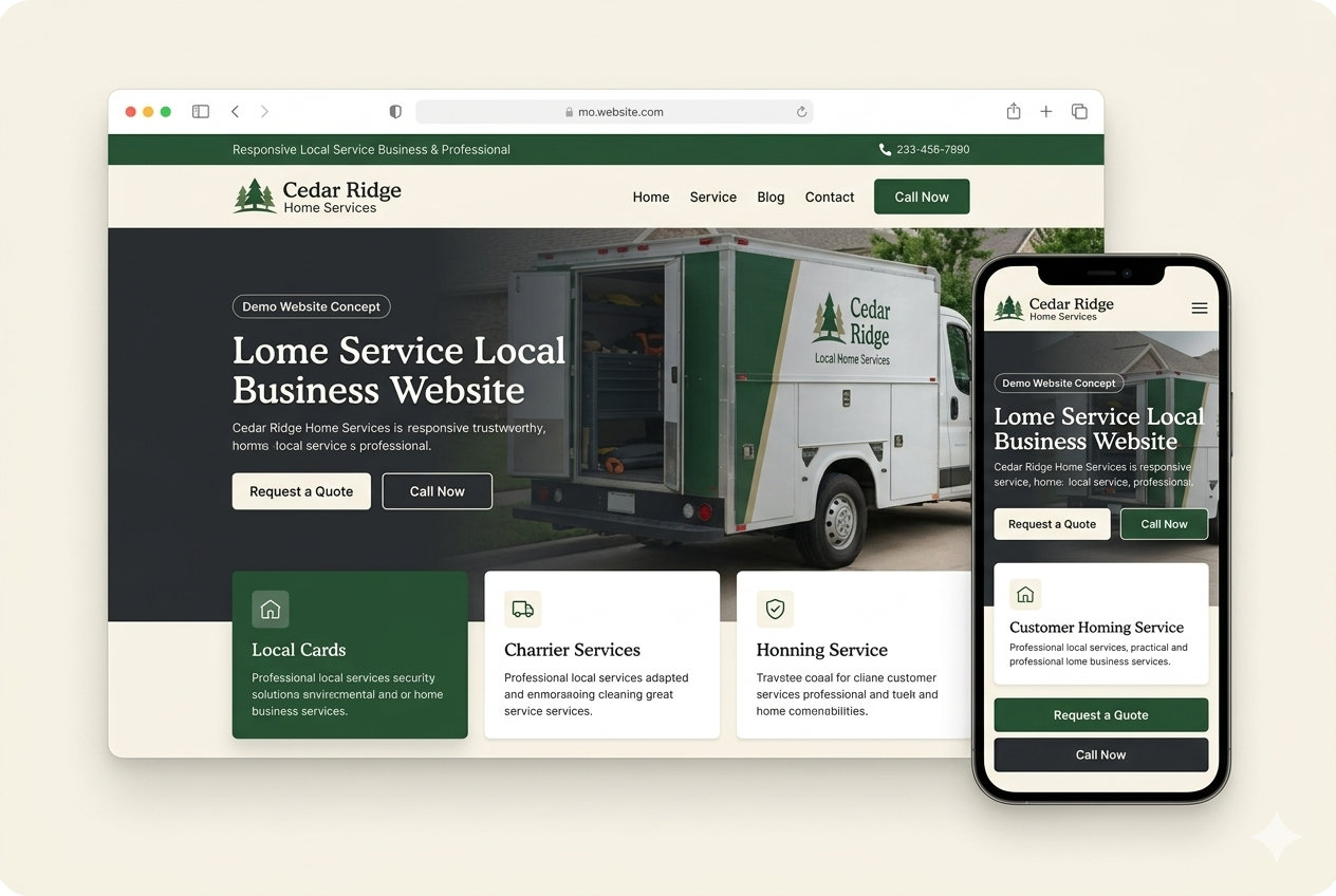 Local Service Website Demo mockup by Local Launch Design shown on desktop, laptop, and mobile devices.